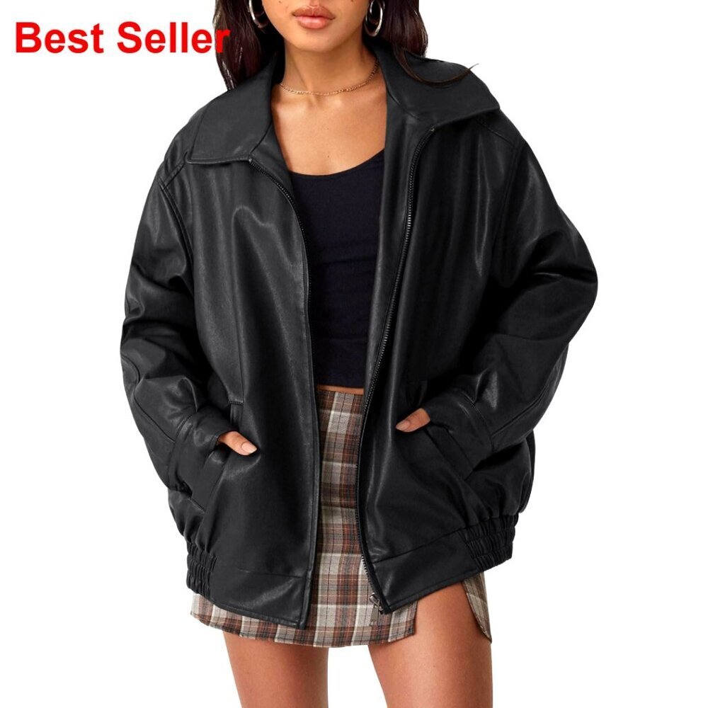 Oversized Faux Leather Motorcycle Jacket with Zipper Closure
